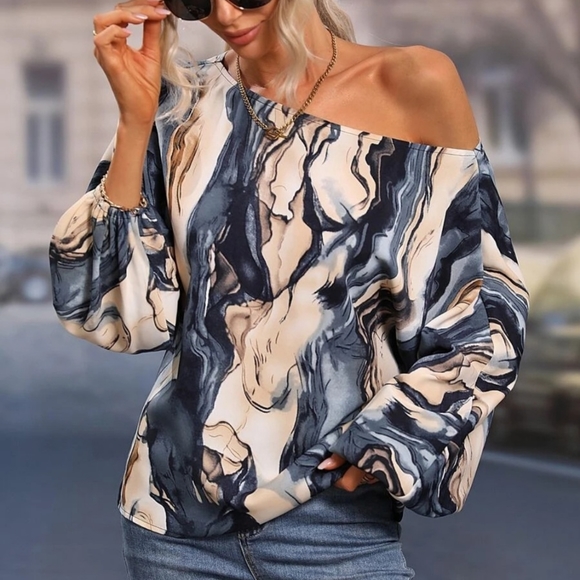 (Out Of Stock) Blue Printed Boat Neck Top - Picture 5 of 6